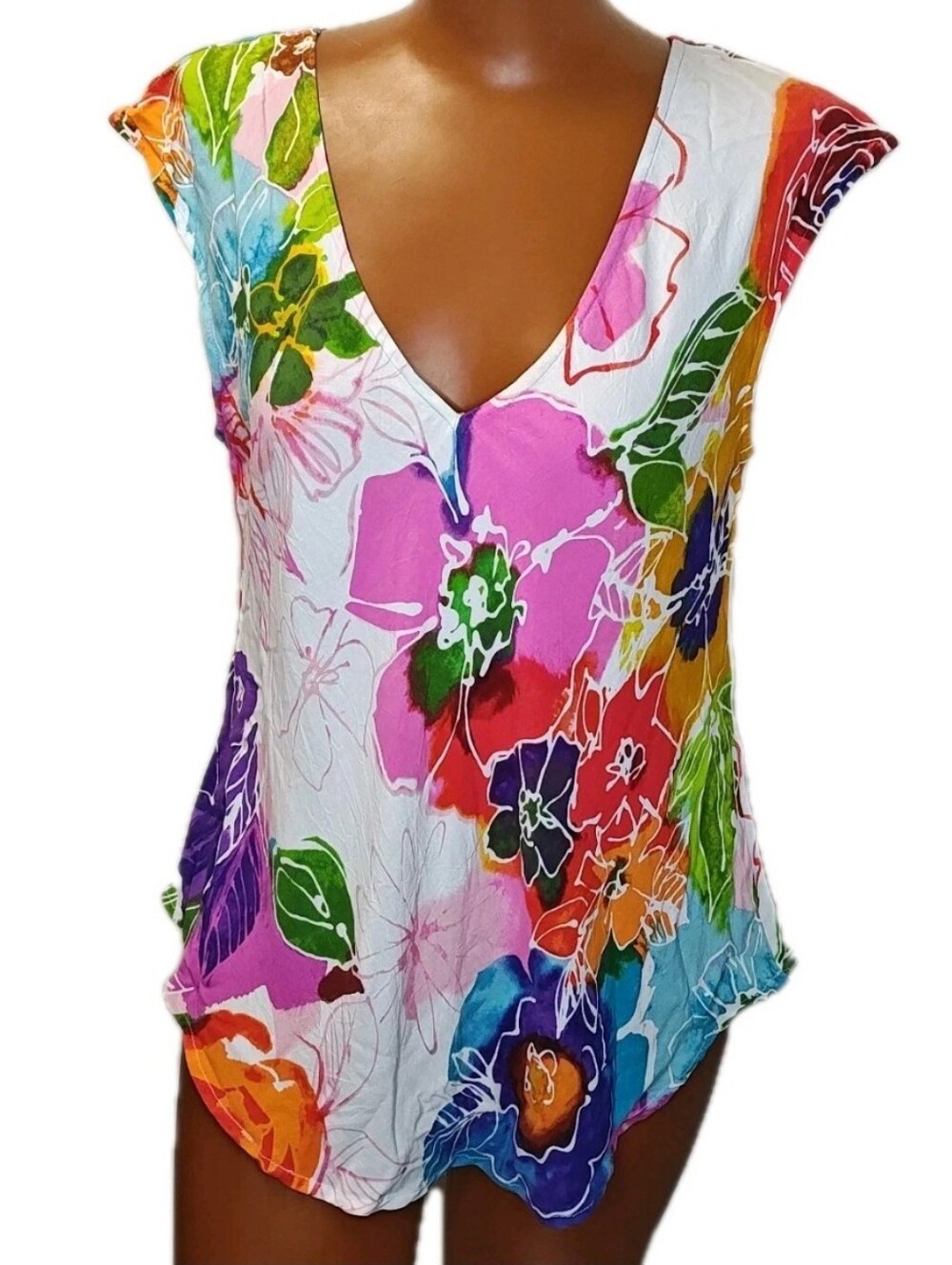 Vtg 90s Jams World Hawaiian Daydreamer Tunic Top Sm White Colorful Floral V-Neck